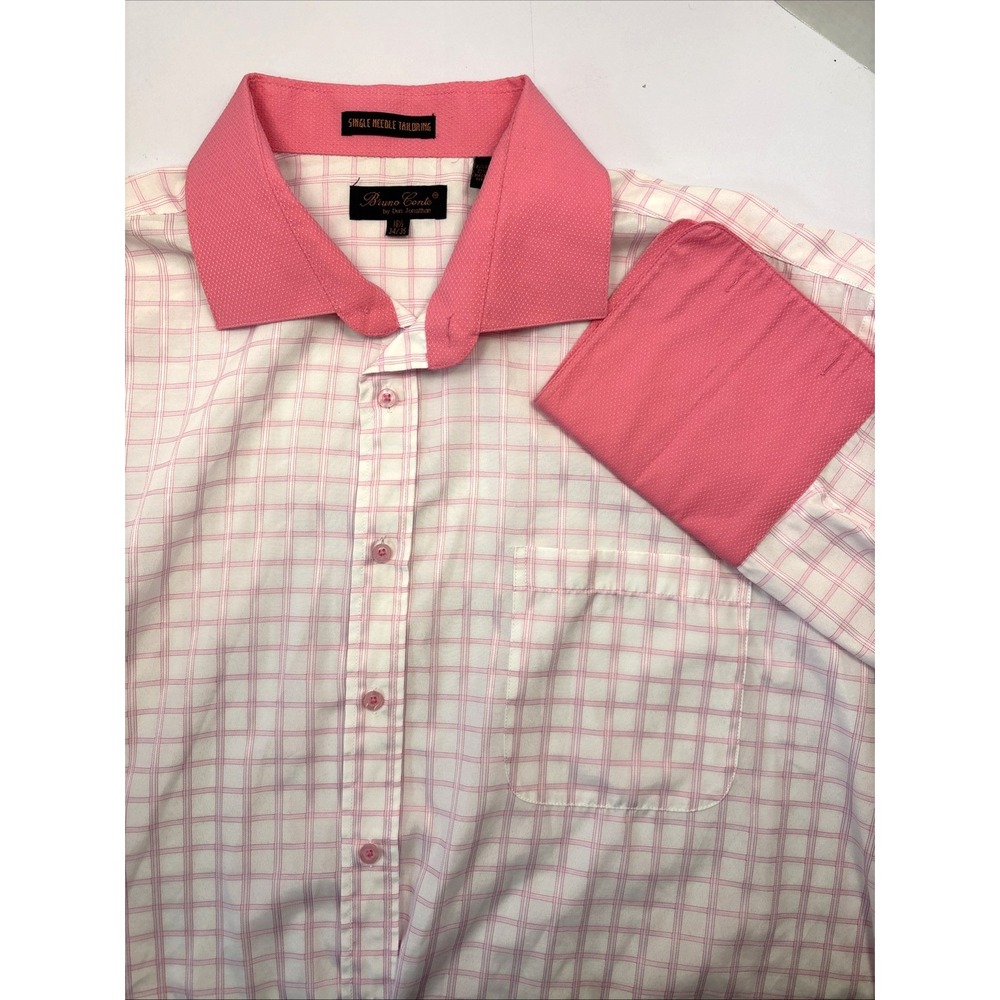 Bruno Conte Men's Button Up French Cuff Dress Shirt 18.5 34/35 Pink Plaid
